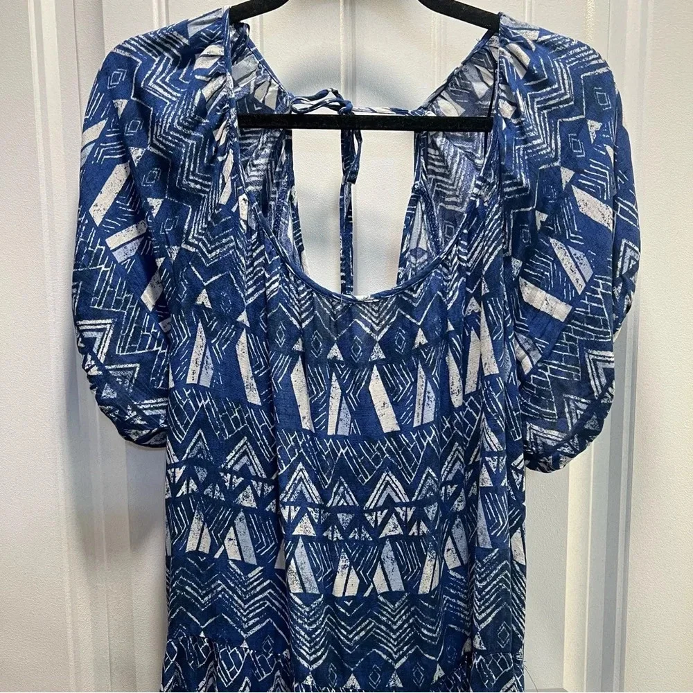 Knox Rose A-Line Blue Geometric Short-Sleeve Midi‎ Dress. Size Large. - Picture 6 of 13